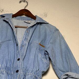VTG Dreams Blue Denim Jean Pant Jumpsuit Women Petite Blue Faded Button Up 90s